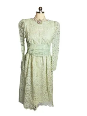 * VINTAGE 1960S FANCY MINT GREEN LACE DRESS WITH CUMMERBUND IN SEA FOAM