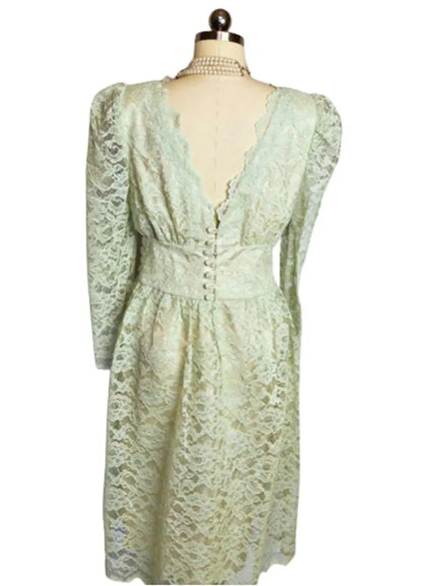 * VINTAGE 1960S FANCY MINT GREEN LACE DRESS WITH CUMMERBUND IN SEA FOAM