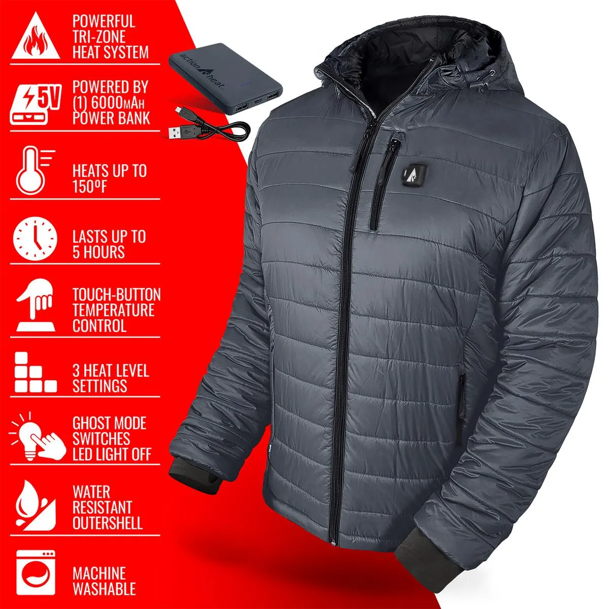 ActionHeat 5V Men's Insulated Puffer Battery Heated Jacket W/ Hood