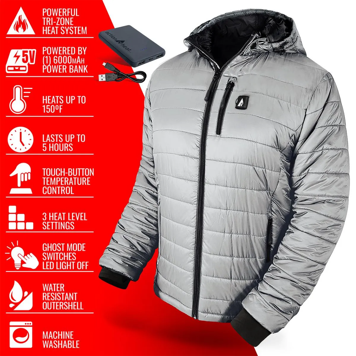 ActionHeat 5V Men's Insulated Puffer Battery Heated Jacket W/ Hood