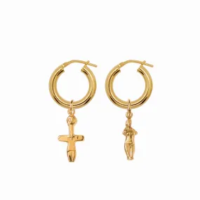 Chunky Hoop Earrings with Aphrodite and Fertility Pendant - Gold-Plated Silver