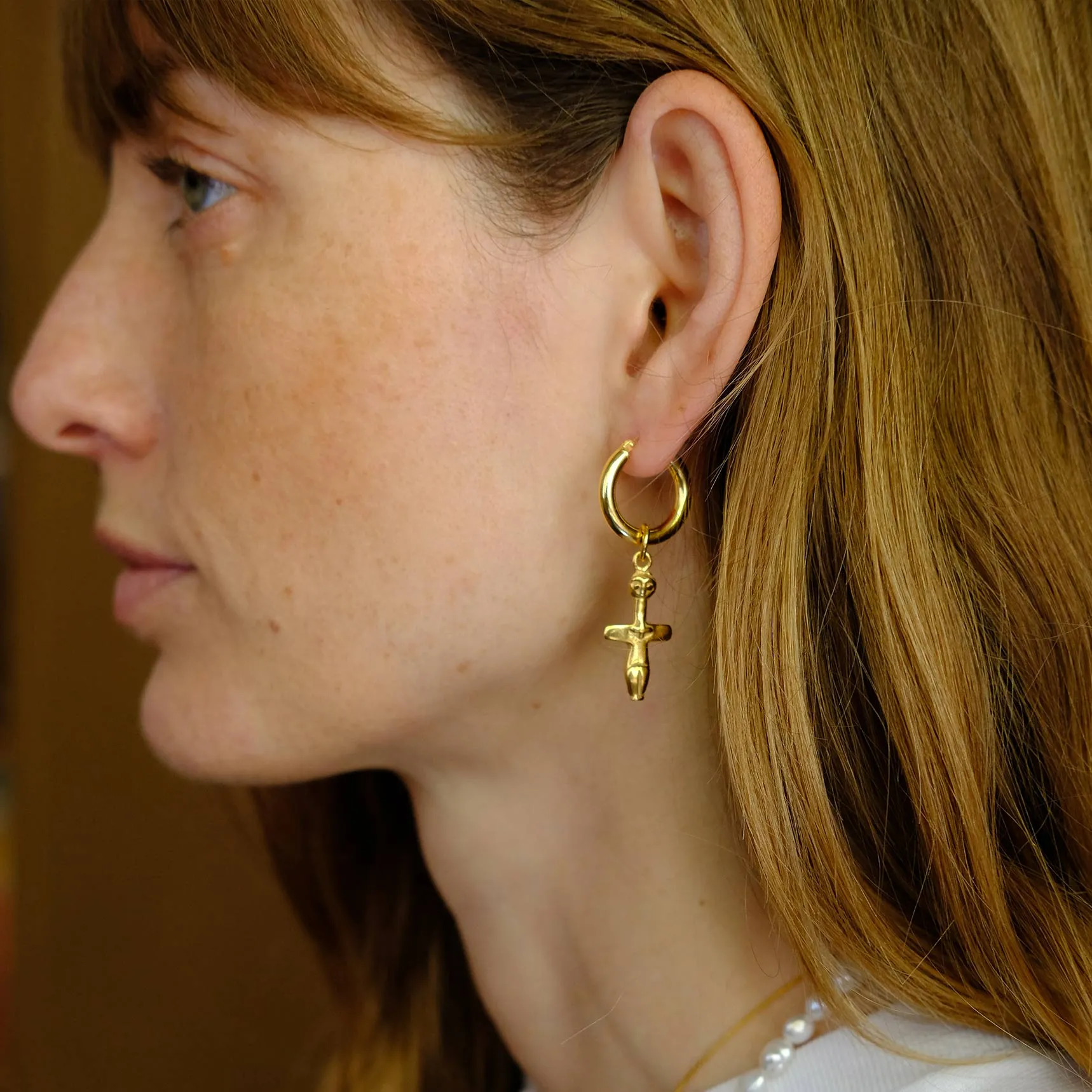 Chunky Hoop Earrings with Aphrodite and Fertility Pendant - Gold-Plated Silver