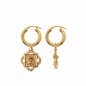 Chunky Hoop Earrings with Aphrodite and Quatrefoil Pendant - Gold-Plated Silver