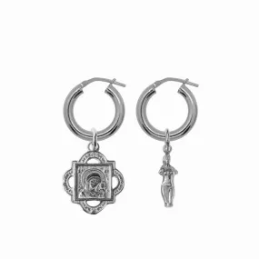 Chunky Hoop Earrings with Aphrodite and Quatrefoil Pendant - Silver