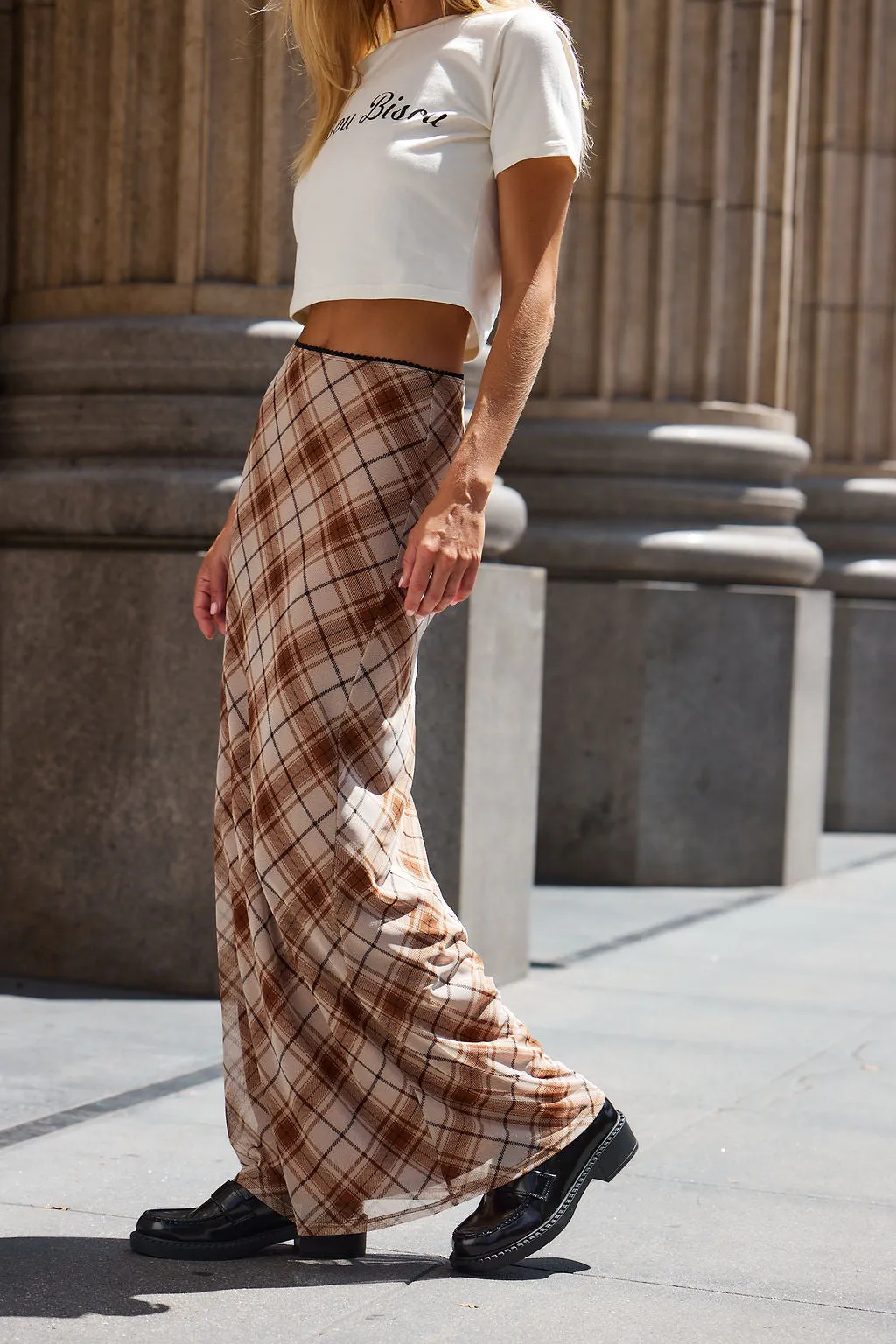 Julia Brown Plaid Mesh Maxi Skirt