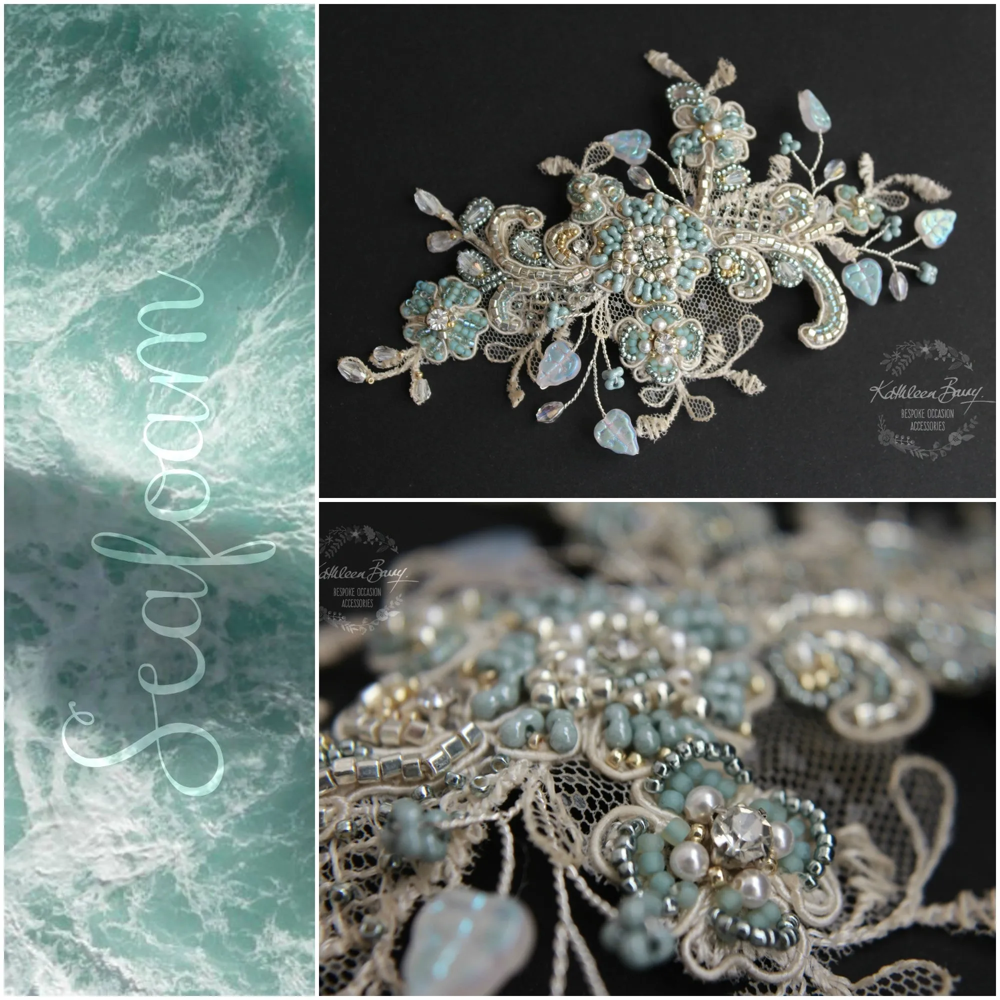 Lace hairpiece seafoam green  veil comb - white gold, sea foam green, turquoise