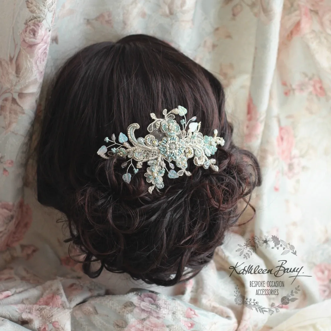 Lace hairpiece seafoam green  veil comb - white gold, sea foam green, turquoise