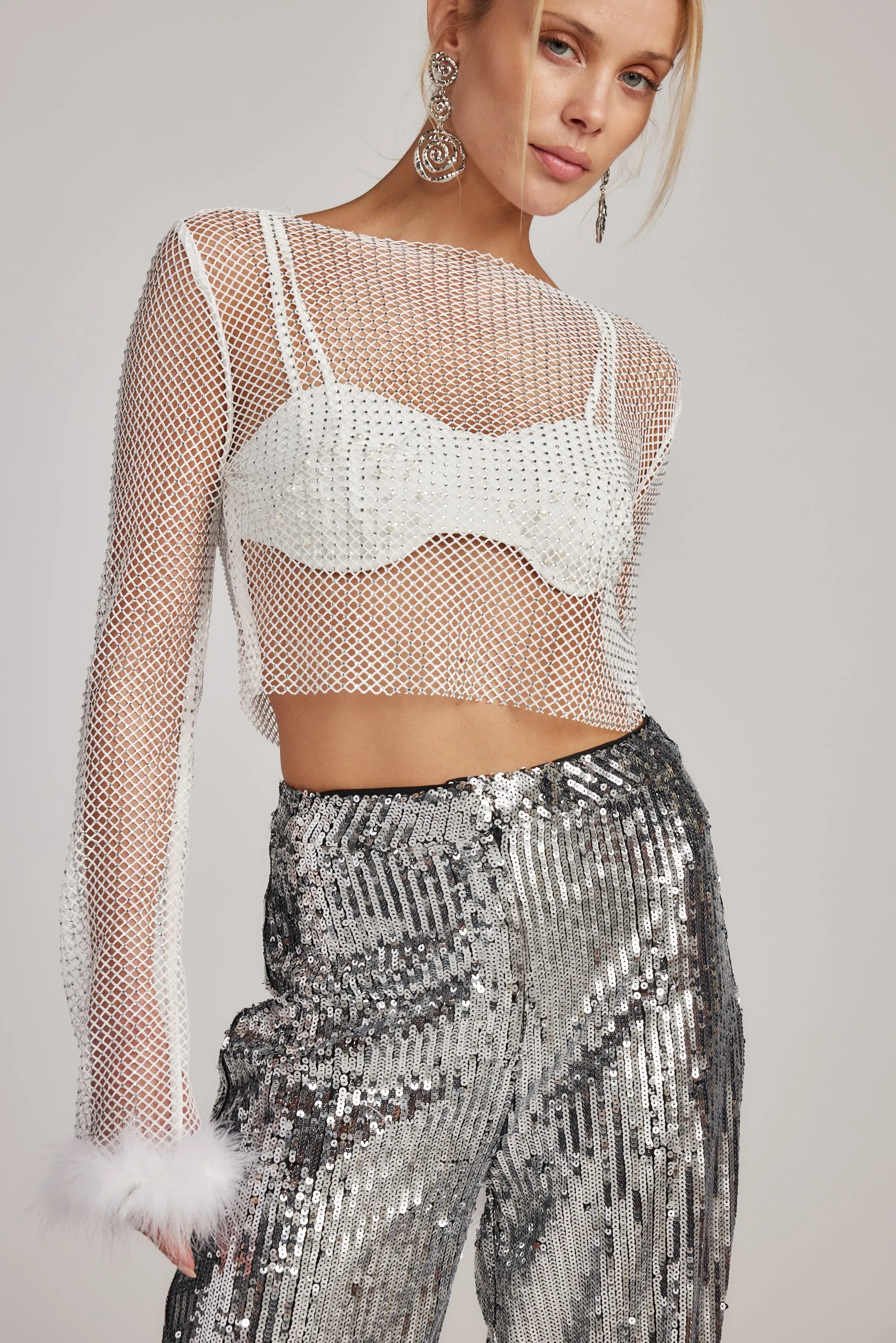 Martini White Rhinestone Mesh Top