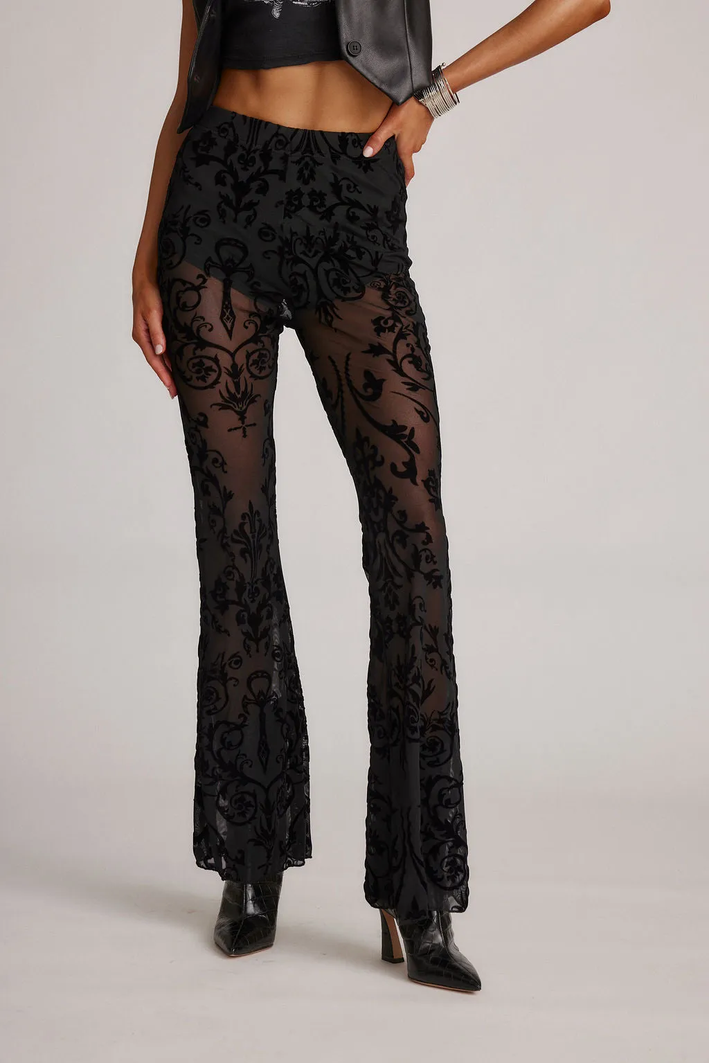 Midnight Hour Black Velvet Burnout Flare Pants