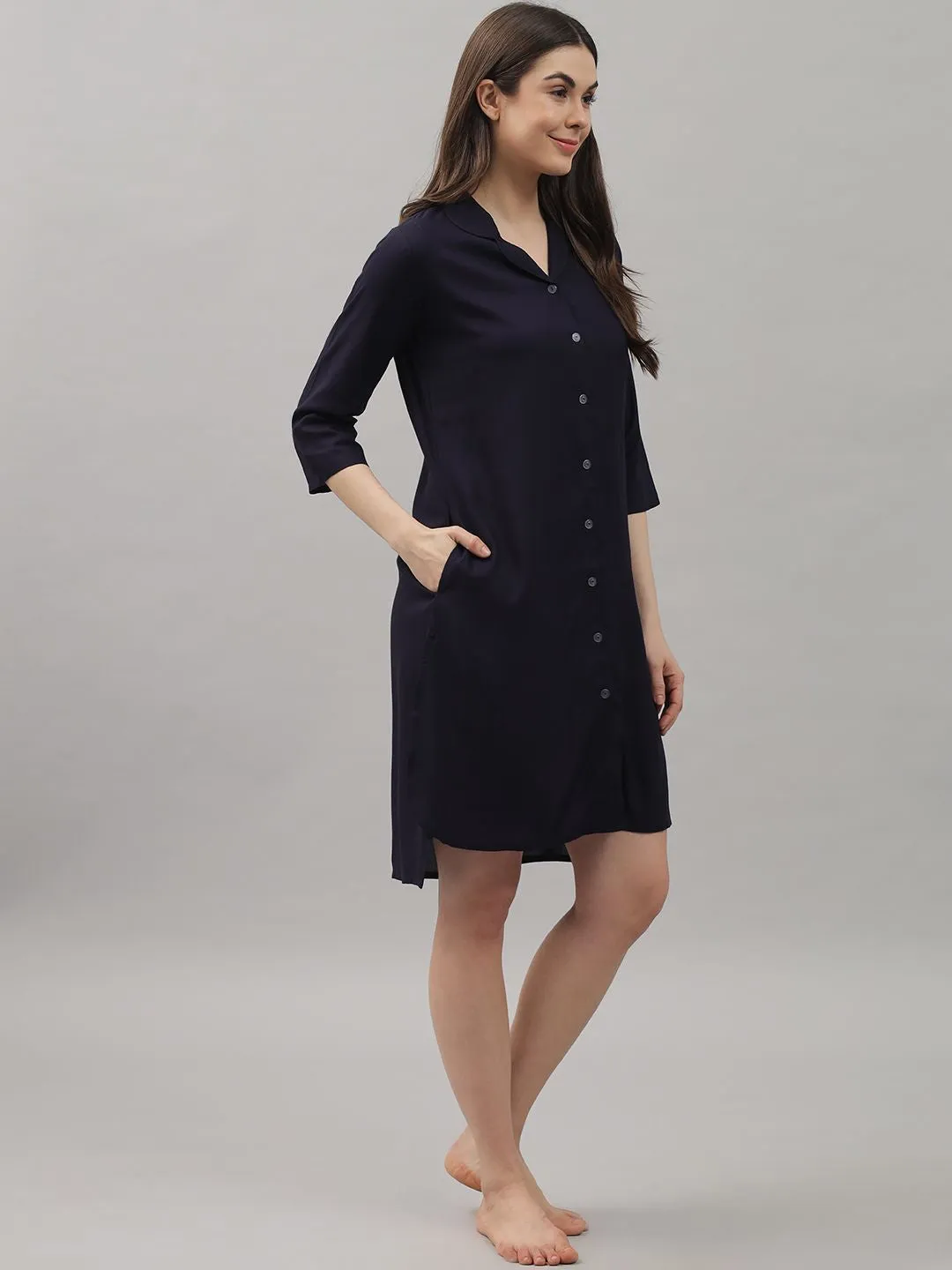 Solid Navy Blue Knee Length Rayon Sleep Shirt