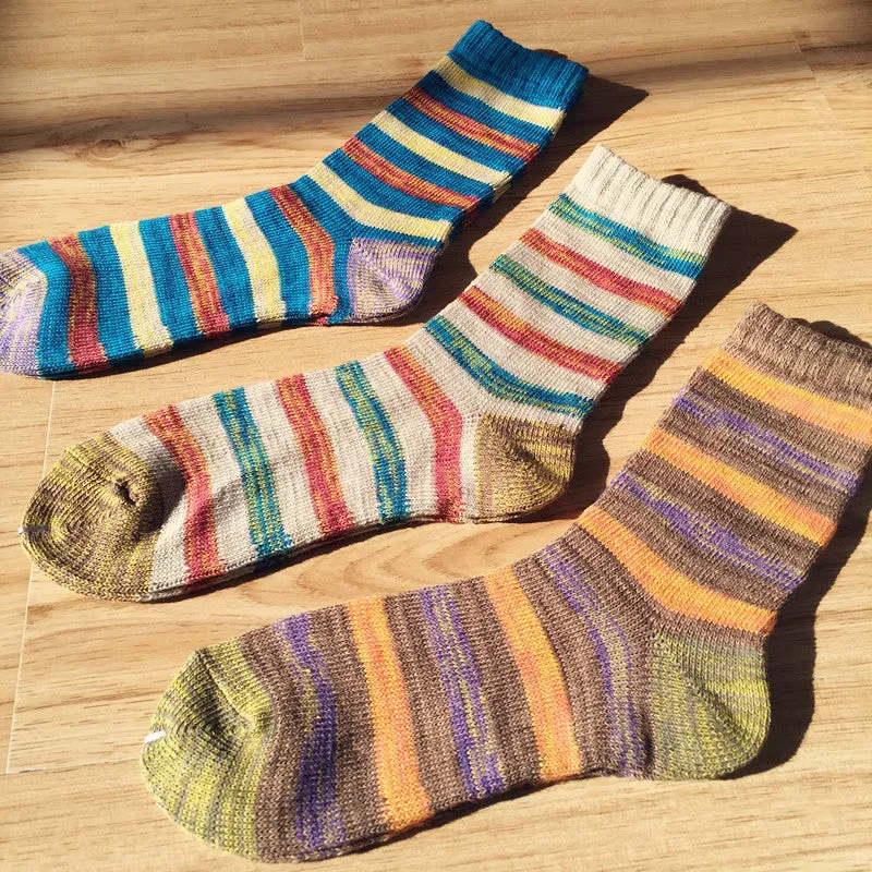 Thick Thread Color Stripes Mid-Calf Length Men's Socks Cotton Socks Retro Casual Cotton Socks